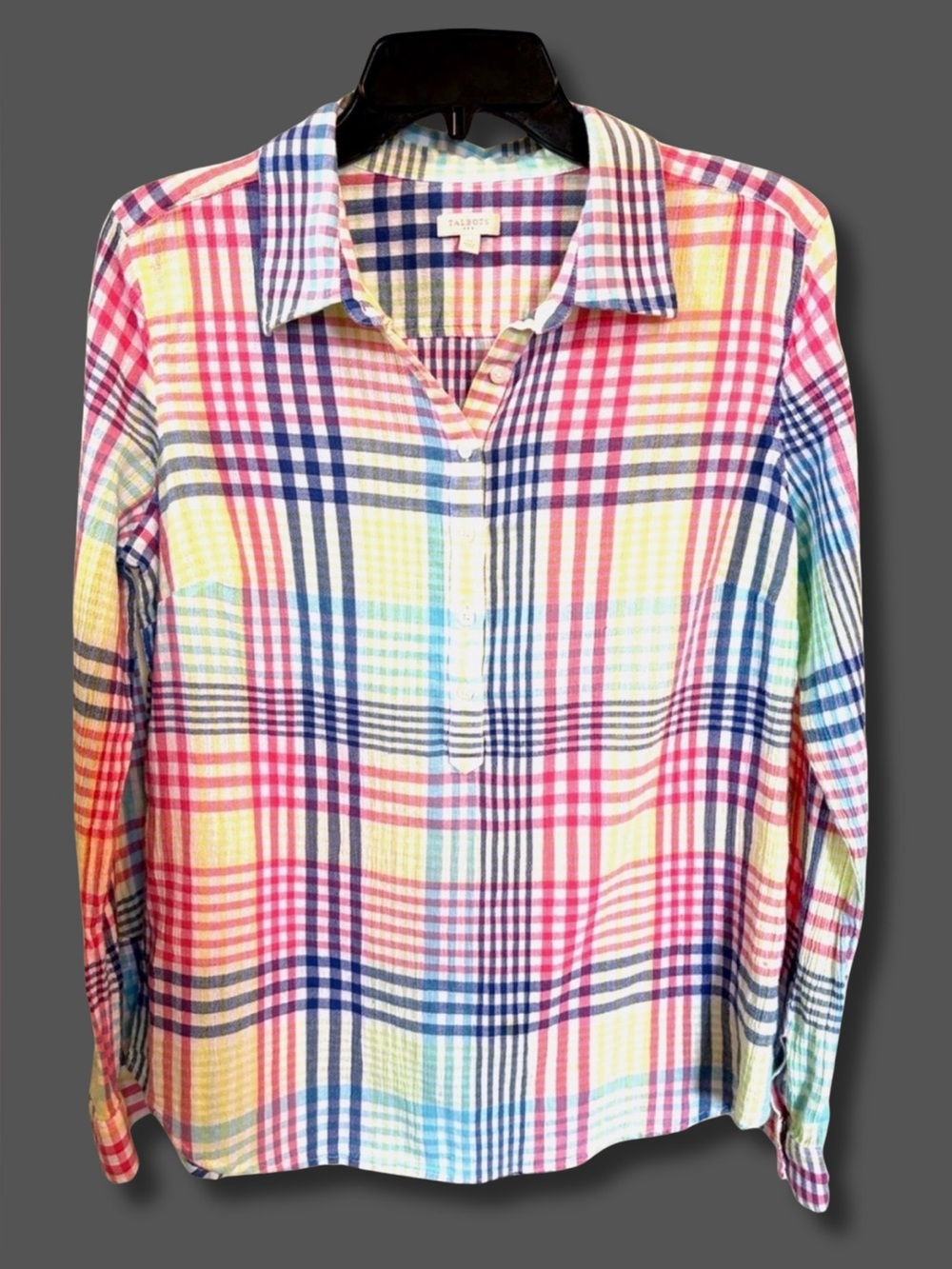 Talbots Plaid Gauze Popover Shirt M Cotton Multicolor Long Sleeve